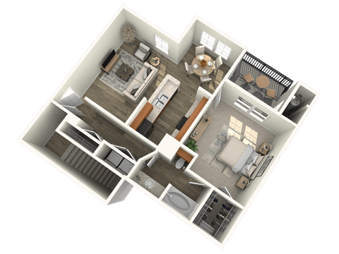 A 3D floor plan of a house showing a kitchen, living room, dining room, and bedrooms.